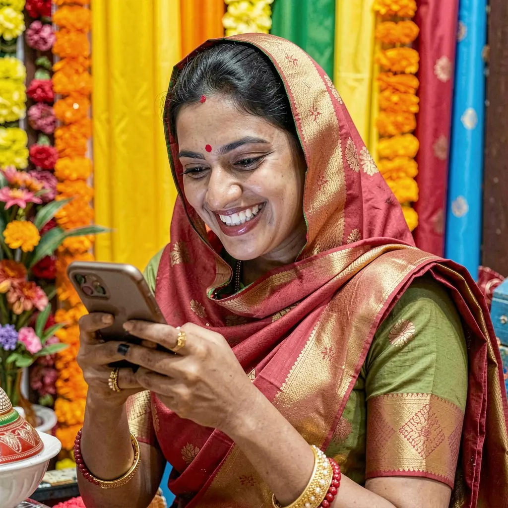 GOGOBD App – Enjoy a smooth and engaging mobile casino experience in Bangladesh Joyful Bangladeshi woman in a colorful sari using the GOGOBD mobile casino app on her smartphone with vibrant city lights behind her