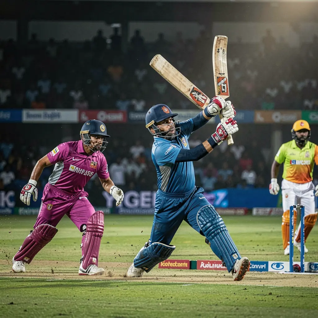 Dynamic cricket moment with a batsman playing a powerful shot in a packed stadium reflecting the excitement of live cricket betting with GOGOBD in Bangladesh