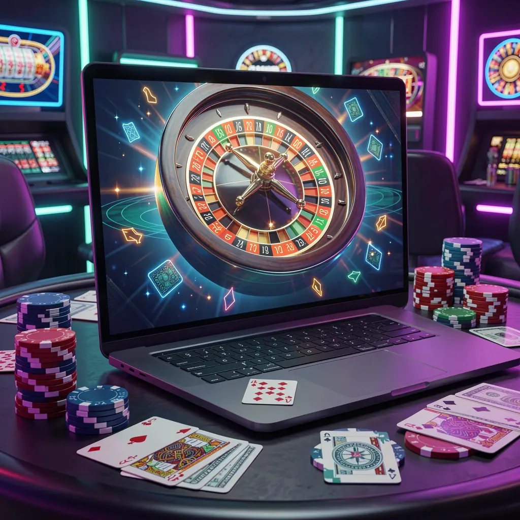Modern laptop displaying a vibrant online roulette wheel surrounded by casino chips and playing cards representing high quality digital gaming at GOGOBD in Bangladesh