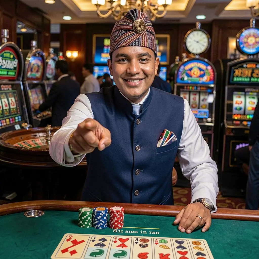 GOGOBD Login – Enter the world of online casino entertainment in Bangladesh Friendly Bangladeshi casino dealer pointing forward in a classic uniform with roulette and slot machines behind him representing the GOGOBD login experience