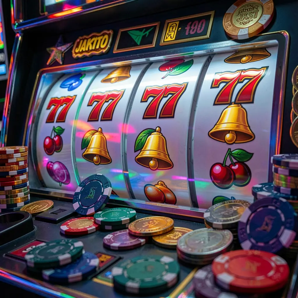 GOGOBD – Experience premium slot entertainment for players in Bangladesh Close up view of a modern slot machine with glowing 777 symbols and stacked casino chips representing premium slot entertainment at GOGOBD